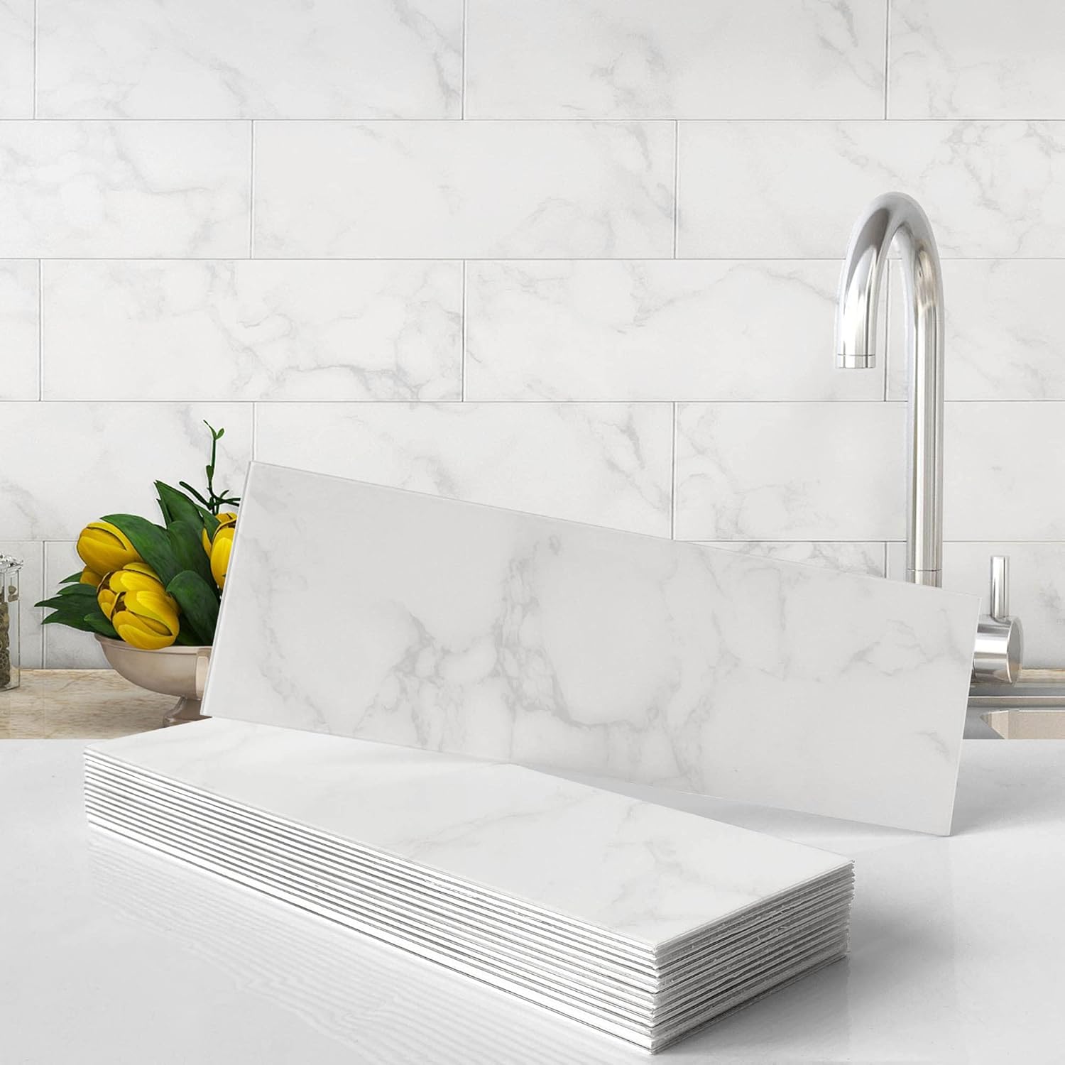 VAOVI marble peel and stick backsplash tiles showing detailed texture and pattern