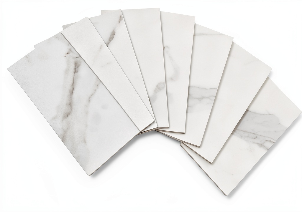 STICKGOO marble tiles installed on a kitchen backsplash